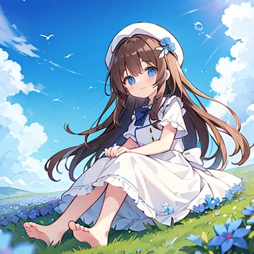 1 girl, white frill dress, blue flower field, sunlight, blue sky, summer, white beret, brown hair, blue eyes, princess long hair...