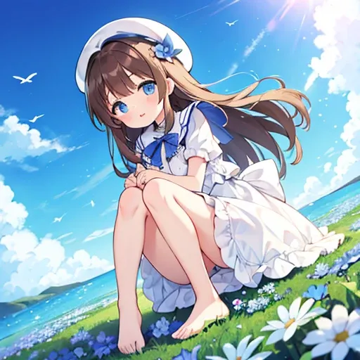 1 girl, white frill dress, blue flower field, sunlight, blue sky, summer, white beret, brown hair, blue eyes, princess long hair, short height, she sits barefoot on flowers,