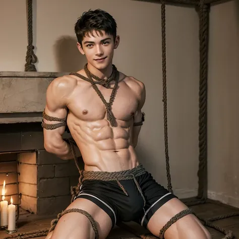  (((18 year old shirtless, very skinny twink))), fair hair, handsome face, smile (((wearing gym shorts))) biceps flexed, kneeling, ((((Trussed up completely with rope)))), ((((very tight rope crossed over chest)))),(((body in tight shibari ropes))) sweatin...