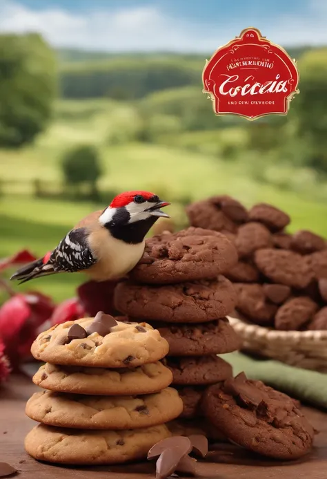 Biscoitos Cookies com gotas de chocolate (doce de leite), realista, in the background a woodpecker bird(woodpecker)(red bird), (bird pica paur, red bird), cookies a frente (fundo um pica pau(red woodpecker), bird, 4k, high resolution, biscoitos cookies, sc...