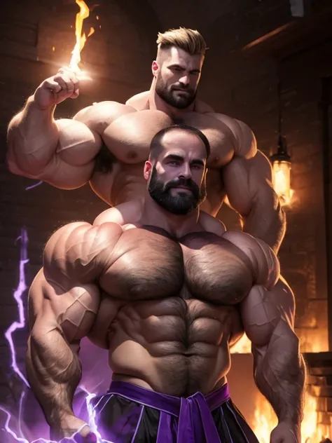 A mage’s hands are raised, shaping two spirals of purple, arcane magic around himself. He is an absolute muscle monster, 40 years old short blond hair and stubble. Obscenely wide shoulders and traps. Very defined ‘V’ body shape with a narrow waist. Well de...