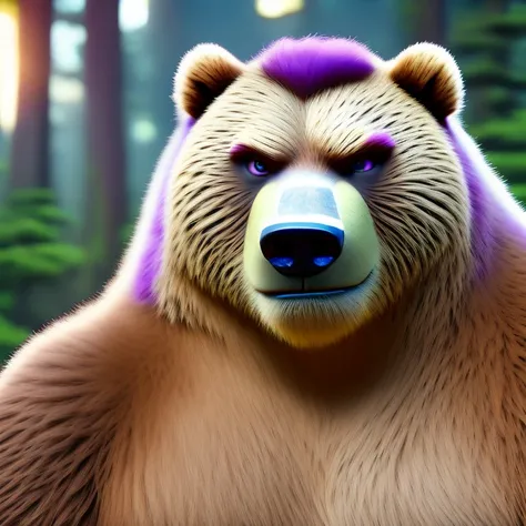 furrender style, grizzly bear, hypnotized with glowing purple eyes, tongue out,