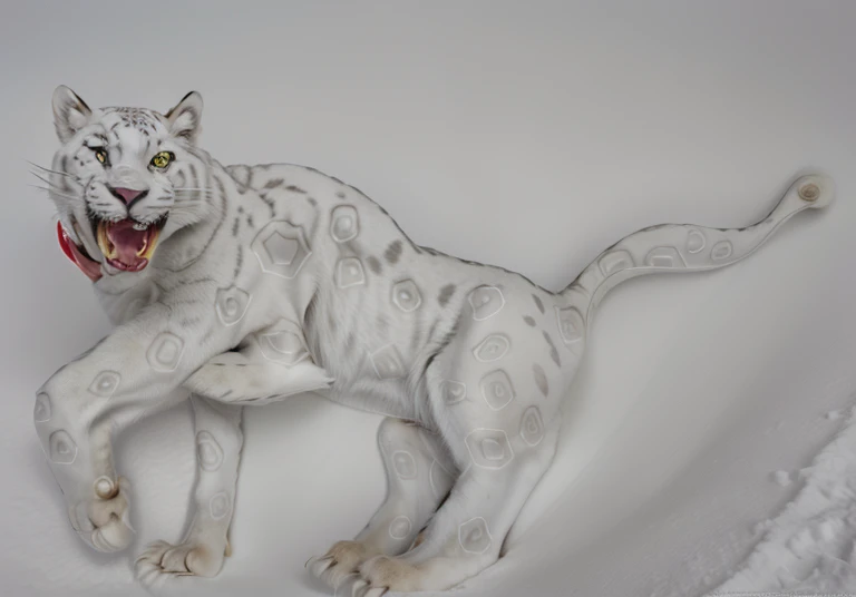 A giant white leopard, (((with 3 long fangs))), snow land, uhd, 12k, photography, Professional photo realistic nikon, masterpiece, ultra realistic, raw photo 