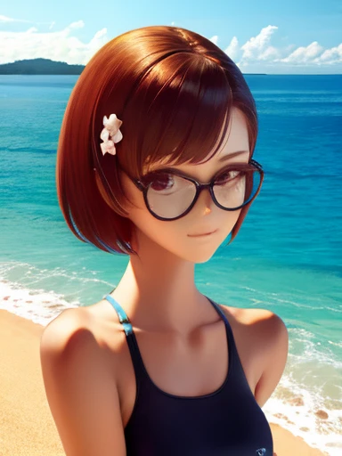 girl, alone, short hair, Bronze colored hair, thin, Misaka sister,Ultra high-cut one-piece swimsuit Large rectangular glasses on the forehead, Beach