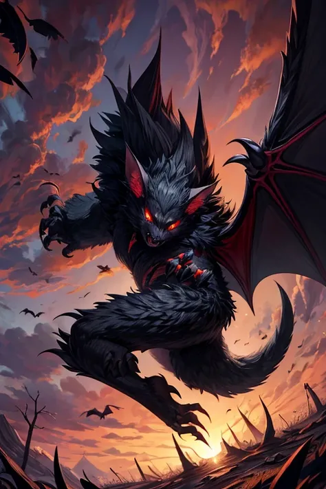 animal giant bat with spread wings with spiked rodent tail black fur red eyes open mouth spikes on the back with many fangs forest background