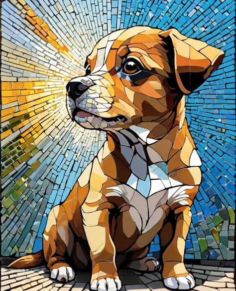 portrait of a puppy adventurer ,radiation mosaic:1.2, catch the sun:0.8, like shards of glass injecting warmth and energy into a...