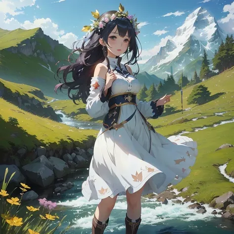 anime girl in a white dress standing in a stream with mountains in the background, epic light novel art cover, anime! 4 k, anime! 4k, guweiz, cushart krenz key art feminine, anime style 4 k, official art, rin, girl of the alps, guweiz on pixiv artstation, ...