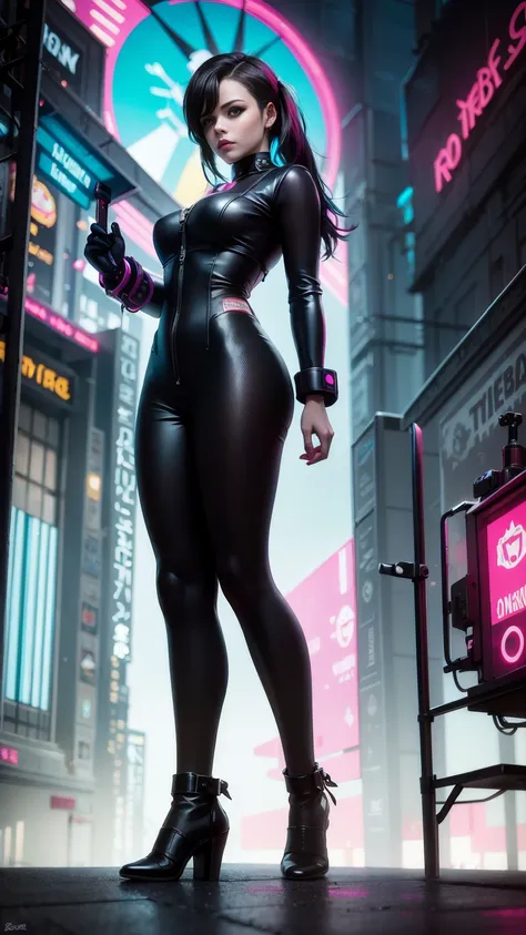 A closeup of Kristin Kreuk in a neon suit, Ambiente ciberpunk, cyberpunk with neon lights, Luz cyberpunk brillante, agachada,Vibraciones ciberpunk, cyberpunk lighting, estilo ciberpunk, neon cyberpunk style, en el estilo cyberpunk, mira ciberpunk, cyberpun...