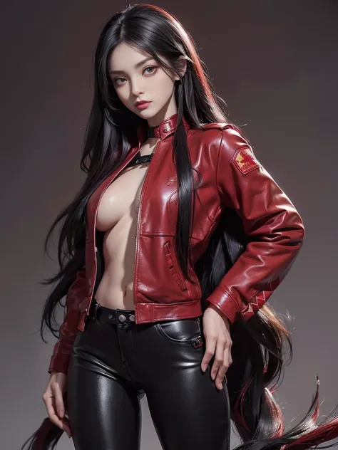 (best quality,4k,high resolution), Cool Girl、((Long straight black hair with red highlights、Red Jacket，Beautifully decorated、Umbilicus、Cross straps、Tight leather pants、))、Full body projection、Buttons、Battle scenes、Sharp eyes、glare、Red Eyeliner、Long eyelash...