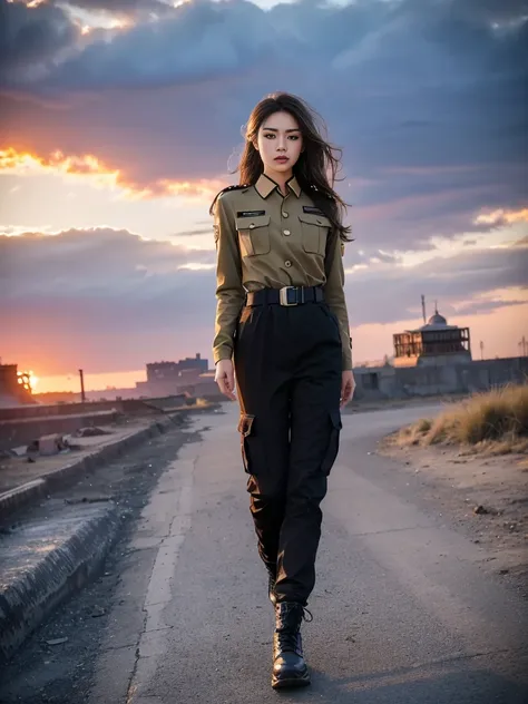 Fashion female model 18 years old ，He has a submachine gun in his hand，The firelight illuminated her face，，Divine eye，Sexy lips，high nose，Human Development Report，girl，(((沙漠迷彩Uniform)))，Uniform，Military belt，Tactical camouflage pants，Delicate face，Sexy hig...