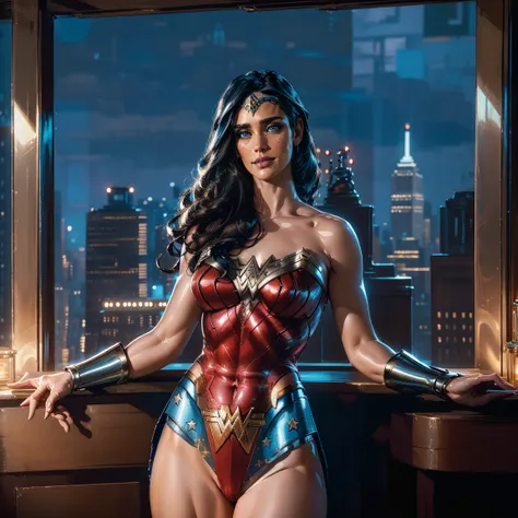 masterpiece, jennifer connelly, cowboy shot, wearing sexy wonder woman leotard, smaller wonder woman skirt, perfect detailed eye...