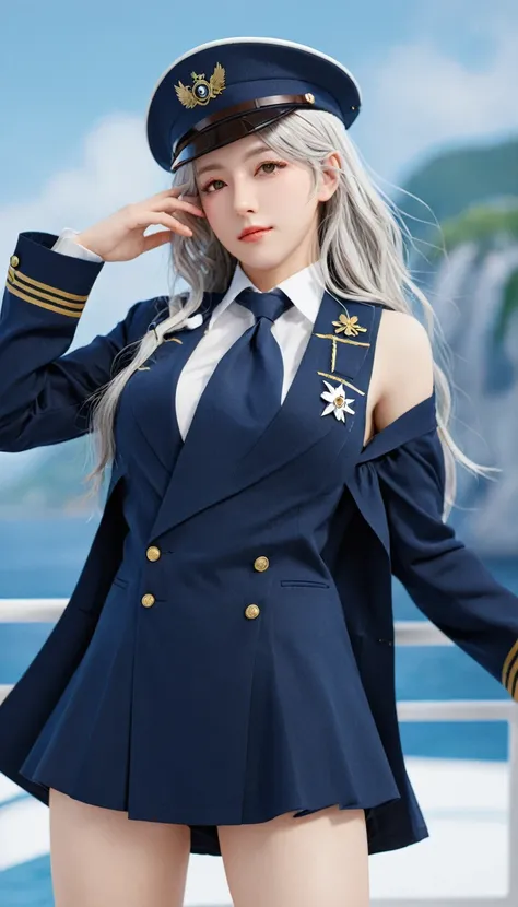 Frederick the Great (Azur Lane:0.5), Breast sagging, Uniform, whole body, (Everlasting), indoors, outdoor, Model shooting style, masterpiece, detailed, high quality, Be focused, Dramatic, Realistic Art, posture, Express, leg, (extremely detailed CG unity 8...