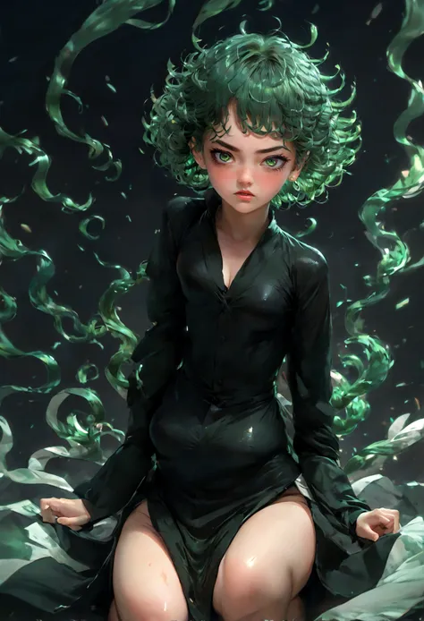 1girl, tatsumaki, green hair, green eyes, black dress, short hair, curly hair, thighs, (disgusted face), looking at viewer, cont...