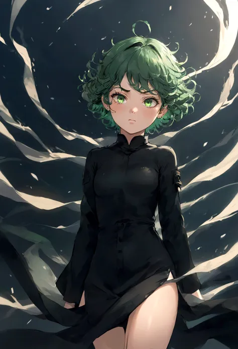 1girl, tatsumaki, green hair, green eyes, black dress, short hair, curly hair, thighs, (disgusted face), looking at viewer, cont...