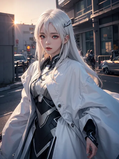 White hair girl suit ai entertainment image, At sunrise, contemporary, Full of hope, panfuturism, Dramatic spotlight, Lots of details, Extremely detailed CG unity 8k wallpaper