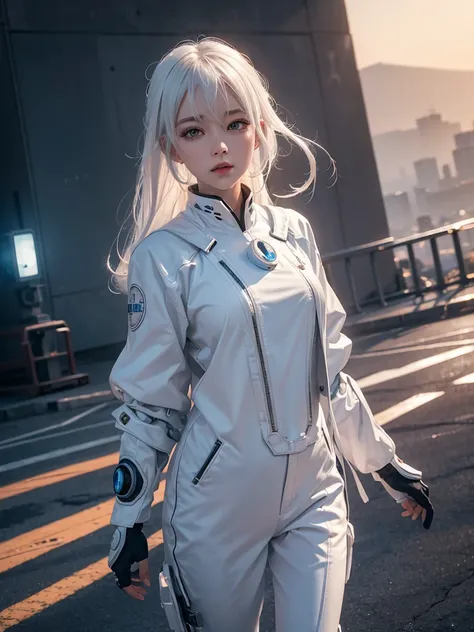 White hair girl suit ai entertainment image, At sunrise, contemporary, Full of hope, panfuturism, Dramatic spotlight, Lots of details, Extremely detailed CG unity 8k wallpaper