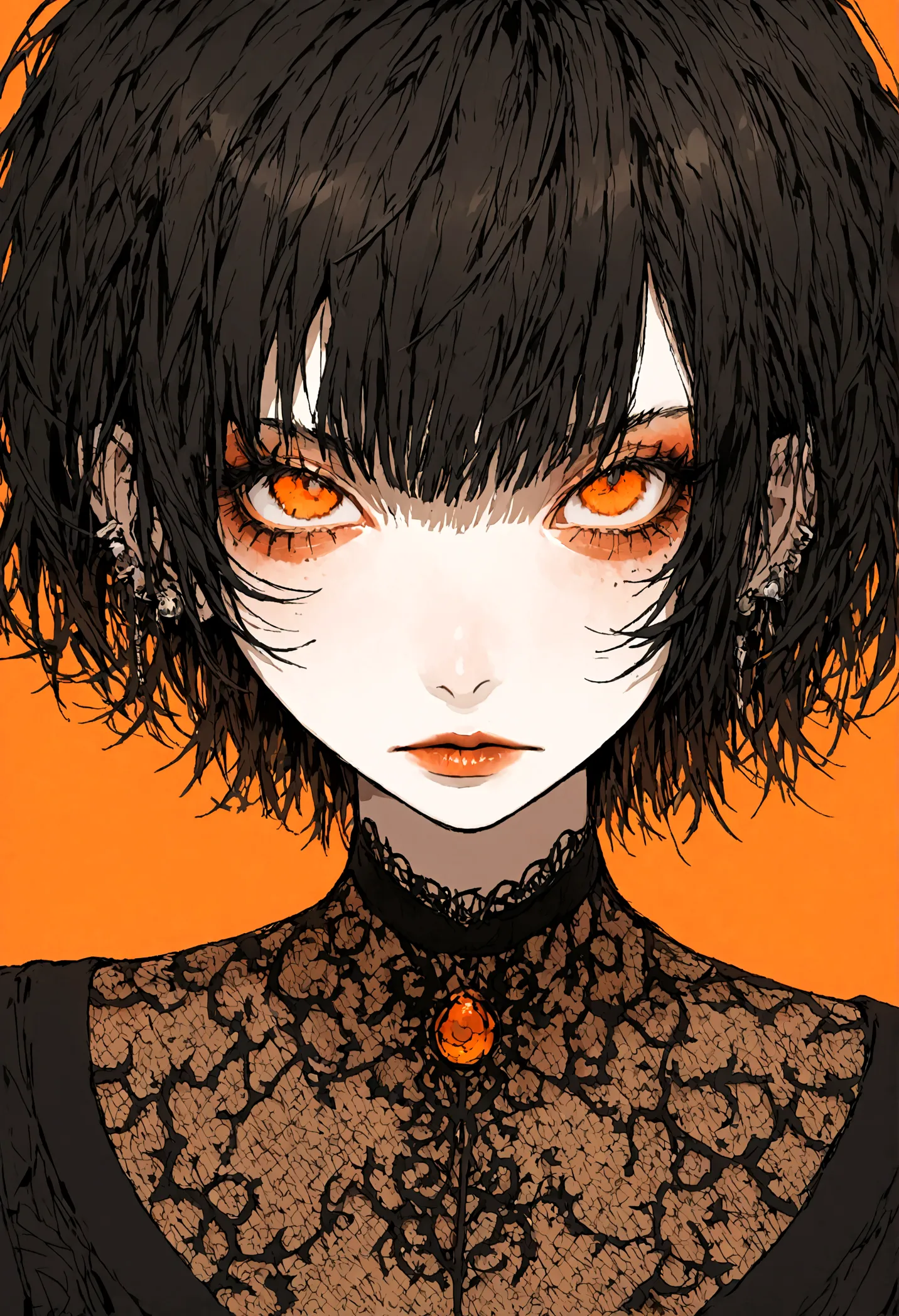 a portrait of a punk female with black hair, orange eyes and an orange backround