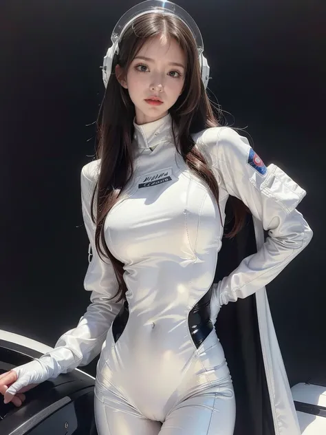 1 Brunette beauty, (White) (One piece tight latex suit), (Space suit) ((Space Helmet))((White gloves), {{illustration}}, {Ultimate Refinement and Beauty}, {Exquisite makeup}, Super detailed, Sexy, Delicate and shining eyes, {{light}}, 极致light效果, Model: rea...