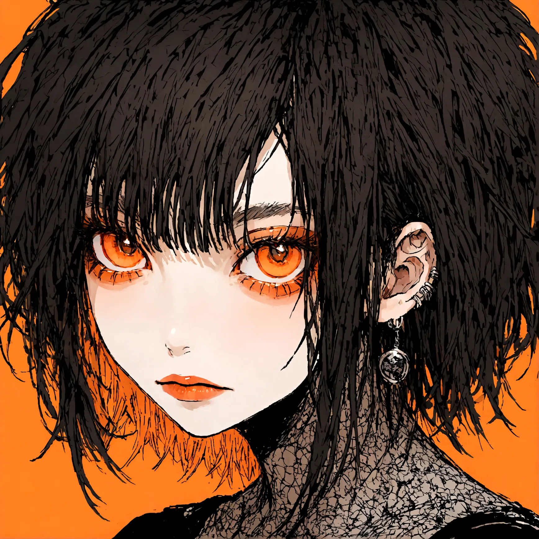 a portrait of a punk female with black hair, orange eyes and an orange backround