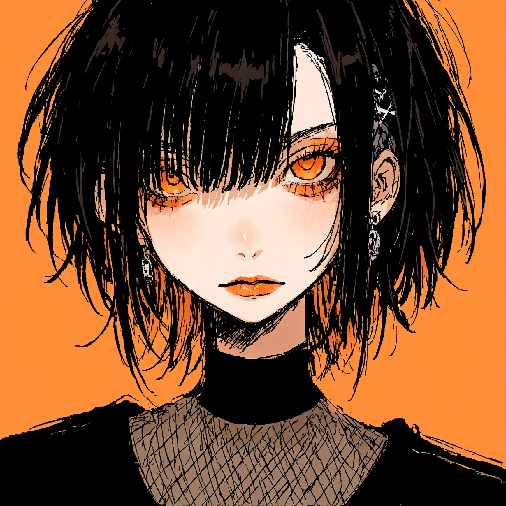 a portrait of a punk female with black hair, orange eyes and an orange backround