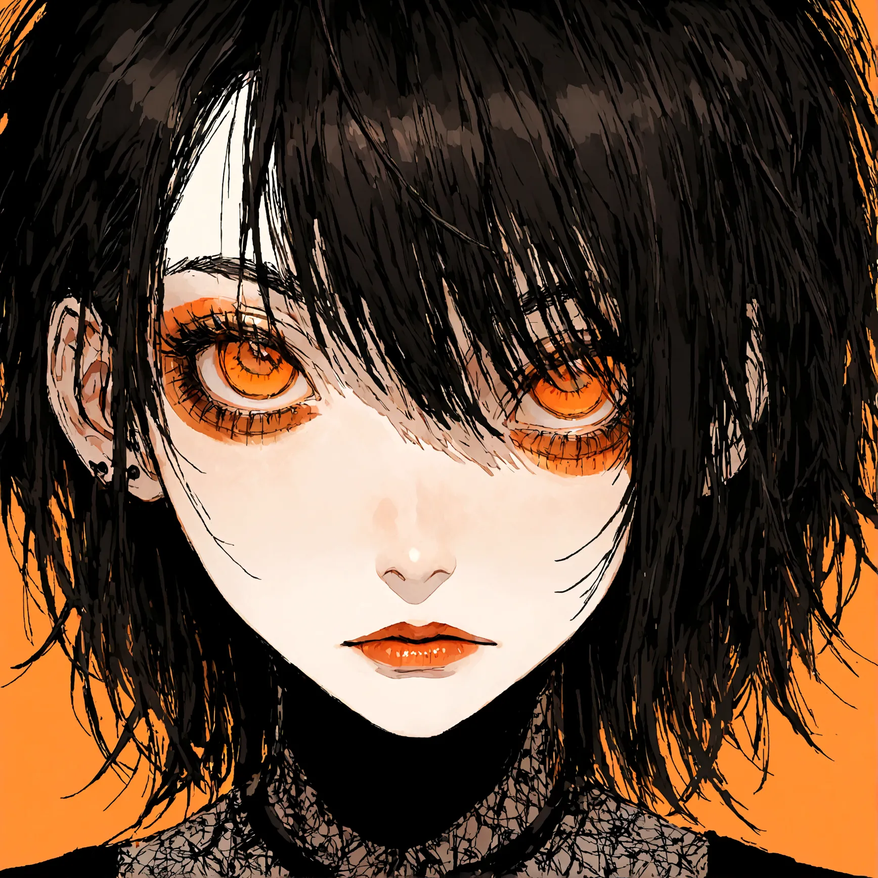 a portrait of a punk female with black hair, orange eyes and an orange backround