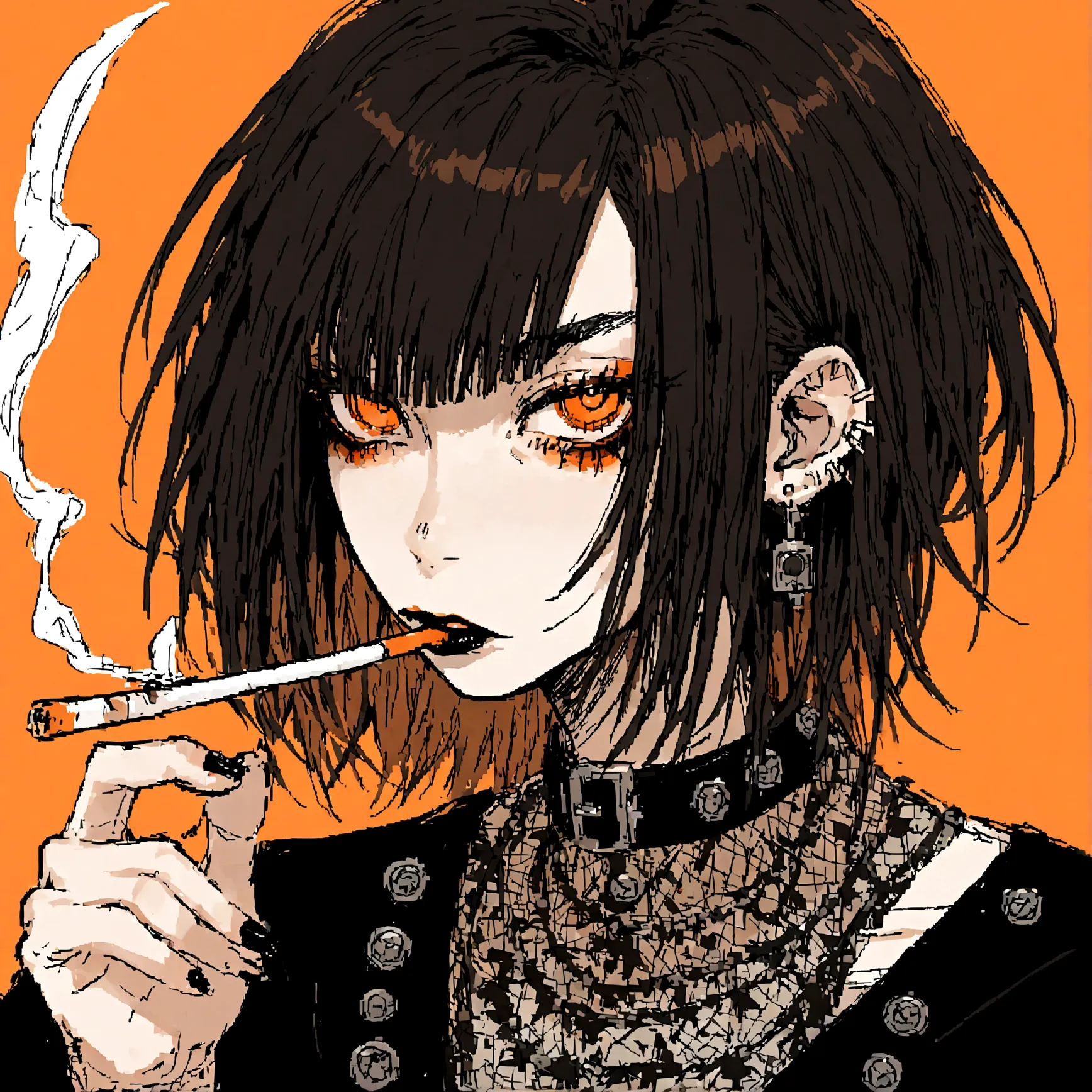 a portrait of a punk female with black hair, orange eyes and an orange backround, smoking cigarette, wearing punk goth attire, wearing goth makeup, solo, alone, black eyeliner, (SOLO)(ALONE)