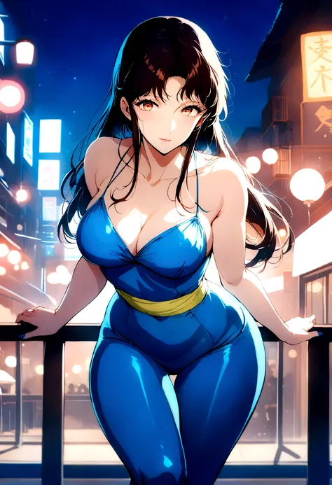 anime girl in blue outfit posing on railing in city at night