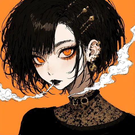 a portrait of a punk female with long curly black hair, orange eyes and an orange backround, smoke coming from mouth, wearing pu...