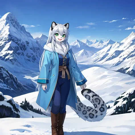 best quality, 1anthro snow leopard girl, wears blue coat and black farmer, has grey long hair, has green eyes, best eyes, happy ...