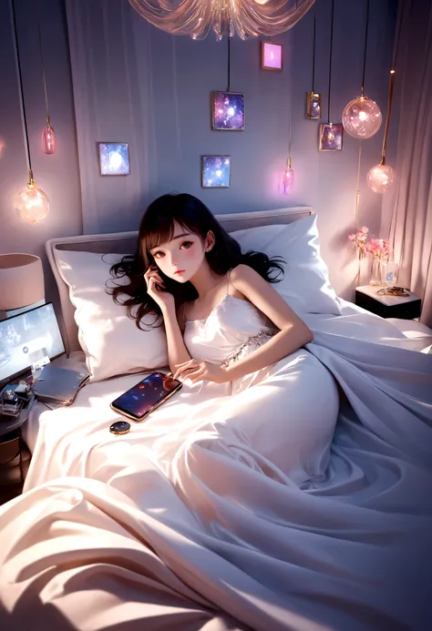 create an illustrative scenario Image A young woman in a luxurious room, filled with modern decor and expensive equipment. She is lying on a king-size bed with silk sheets, surrounded by pillows. The space is softly lit by colored LED lights. She is using ...