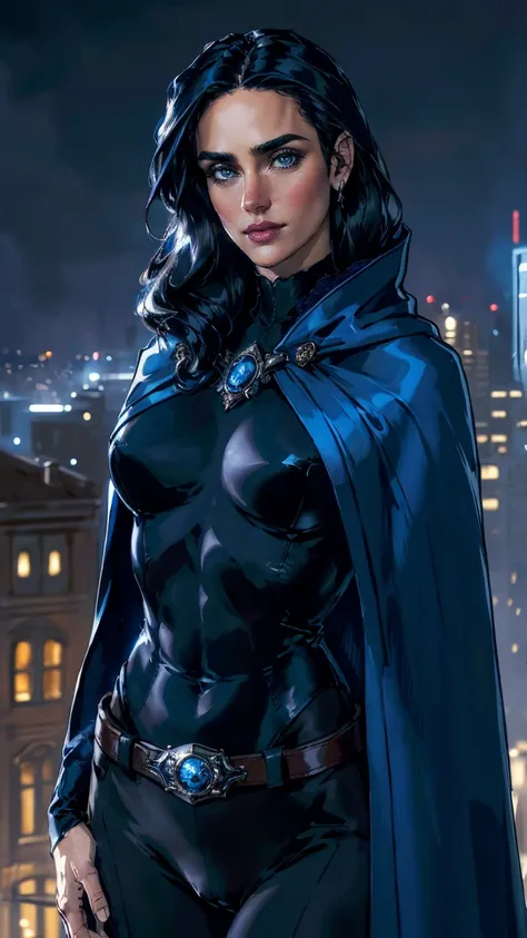 masterpiece, jennifer connelly, cowboy shot, raventt, wearing a sexy raventt navy-blue cloak, black leotard, brooch, belt, perfe...