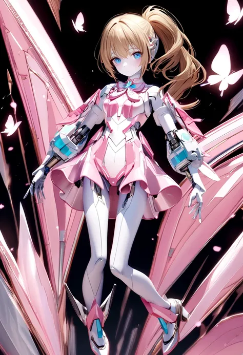 3D robot girl pastel pink and white robotic body with pink skirt white metallic high heel boots bright blue eyes white skin blonde brown hair with half ponytail with pink butterfly brooch 