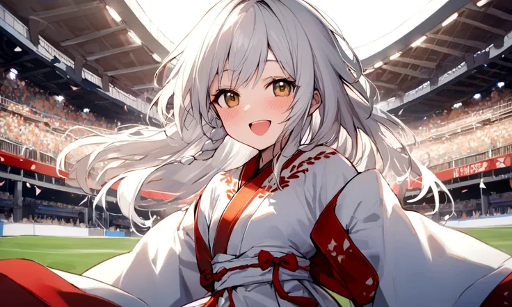 1 girl, college aged, 12 years cheering, grandstand arena, Wearing a white japanese tradicional dress, grandstand, Happy、White hair、Longhaire、Hair is raging、a smile