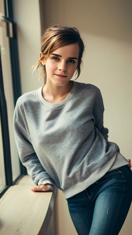 Emma Watson dressed in a sweatshirt and jeans and a sexy smile.