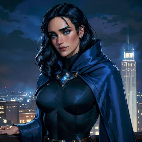 masterpiece, jennifer connelly, cowboy shot, raventt, wearing a sexy raventt navy-blue cloak, black leotard, brooch, belt, perfe...