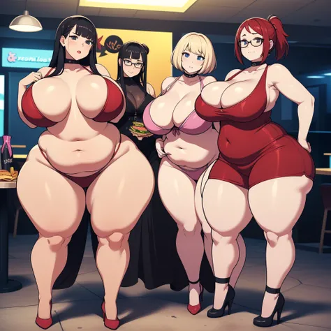 ((highres)), Masterpiece, high quality, best quality, beautiful, perfect lighting, detailed face, ultra cute face, ((3girls prostitute))enormous massive gigantic big large fat breasts, full body, fast food restaurant, enormous large breasts, ((wide hips)),...