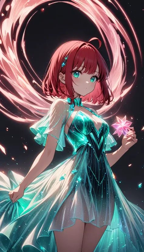 1girl,rubyred hair,bowlcut hair,half circle ahoge,blue green eyes,bioluminescent dress,dark background,cowboy shot