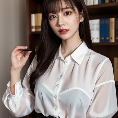 pale White blouse, fasten the button of the blouse Intellectual atmosphere。A skilled lawyer。Seems strong-willed。Female Boss。32 years old。medium breasts