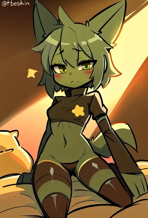 a cute green gnarpy, green ears, green tail, a yellow star on his body, in bed, long socks, open legs,