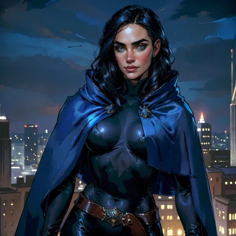 masterpiece, jennifer connelly, cowboy shot, raventt, wearing a sexy raventt navy-blue cloak, black leotard, brooch, belt, perfe...