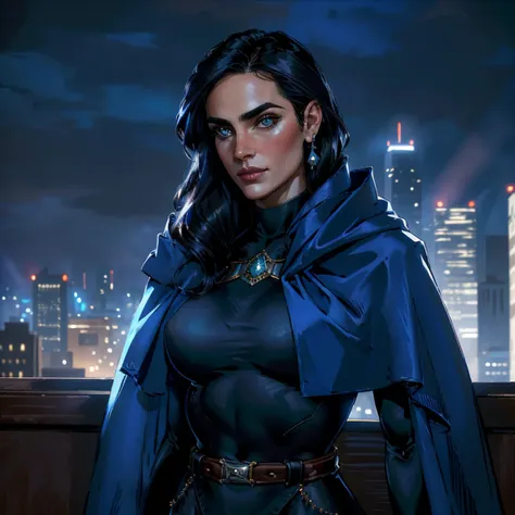 masterpiece, jennifer connelly, cowboy shot, raventt, wearing a sexy raventt navy-blue cloak, black leotard, brooch, belt, perfe...