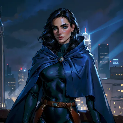 masterpiece, jennifer connelly, cowboy shot, raventt, wearing a sexy raventt navy-blue cloak, black leotard, brooch, belt, perfe...