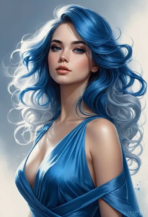 un dibujo de una mujer con cabello azul y un vestido blanco, an airbrush painting by Artgerm, tendencia en artstation, fantasy art, azur. cabello detallado, neoartcore y charlie bowater, Retrato de germen de arte, dibujado al estilo de artgerm, chica con c...