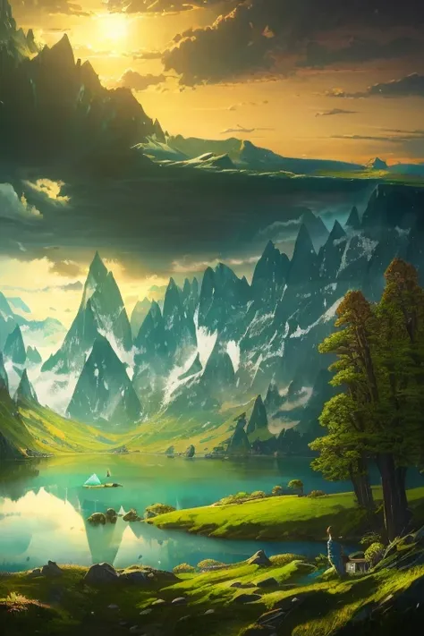 painting of a mountain lake with a green sky and mountains in the background, a fine art painting inspired by James Pittendrigh MacGillivray, cg society contest winner, hudson river school, wayne barlowe pierre pellegrini, micheal whelan, chris moore”, a l...