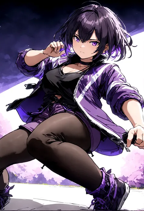 full body, tomboy, mature, sexy, smart, hair color black, short pitch black hair, real detail eyes pupil purple, Short jacket, black plain tank top, long black plain jeans, black sneakers with purple ties, black chokers, anime style, detailed, (best qualit...