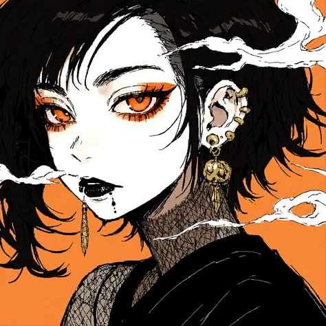 a punk female with long curly black hair, orange eyes and an orange backround, smoke coming from mouth, wearing punk goth attire...