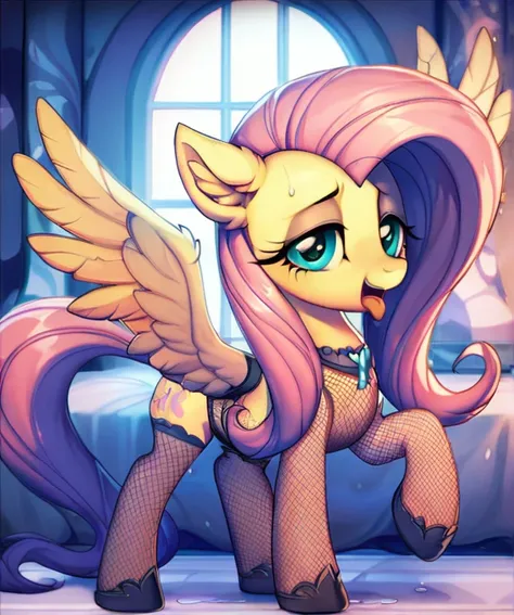 score_9, score_8_up, score_7_up, score_6_up, score_5_up, score_4_up,  (by aki99), source_pony, rating_suggestive, (feral pegasusfluttershy), , net stockings, bedroom eyes, oiled, shiny,wet , masterpiece, detailed soft lighting, ear fluff, black panties, bl...