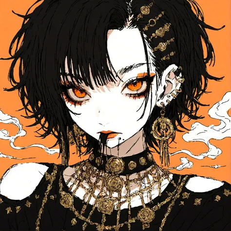 a punk female with long curly black hair, orange eyes and an orange backround, smoke coming from mouth, wearing punk goth attire...