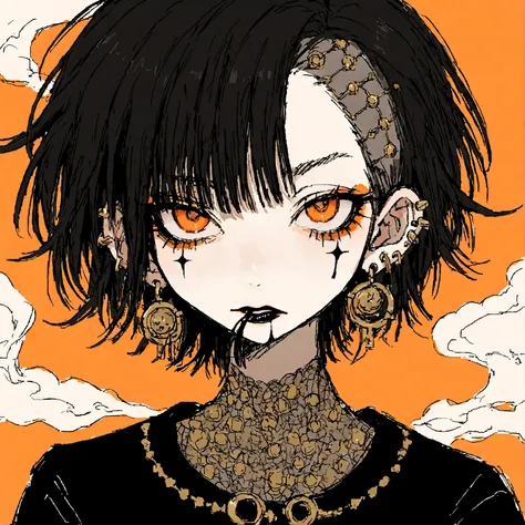 a punk female with long curly black hair, orange eyes and an orange backround, smoke coming from mouth, wearing punk goth attire, wearing goth makeup, solo, alone, black eyeliner, (SOLO)(ALONE), intricate gold ear piercings, has a shaved undercut