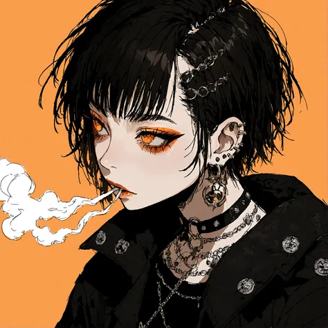 a punk female with long curly black hair, orange eyes and an orange backround, smoke coming from mouth, wearing punk goth attire...